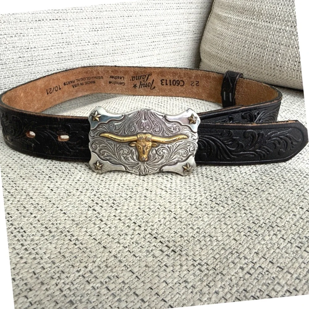 Tony Lama Kids Black Tooled Leather Belt Silver Gold Longhorn Buckle 22